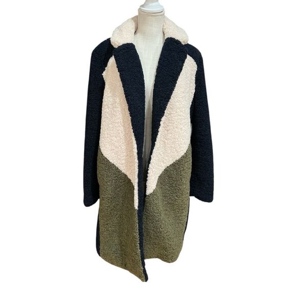 J.Crew Color block Sherpa Faux Shearling TopCoat Navy/Ivory/Olive Sz L - Picture 2 of 11